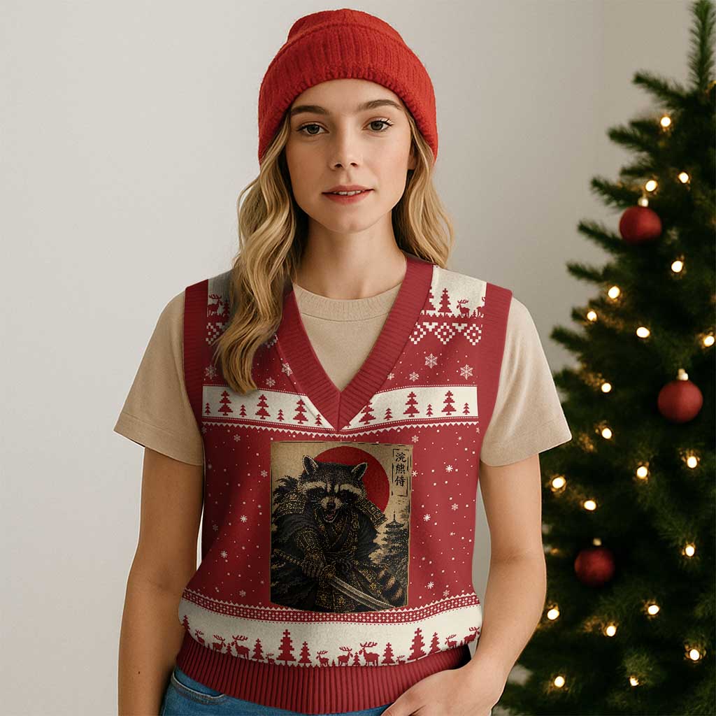 Funny Samurai Raccoon V-Neck Knit Sweater Vest Vintage Japanese Ukiyoe Warrior Graphic