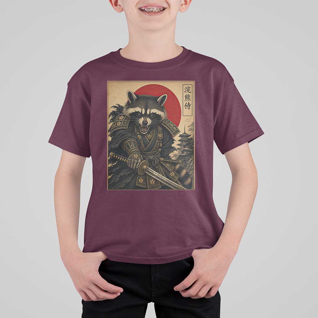 Funny Samurai Raccoon T Shirt For Kid Vintage Japanese Ukiyoe Warrior Graphic