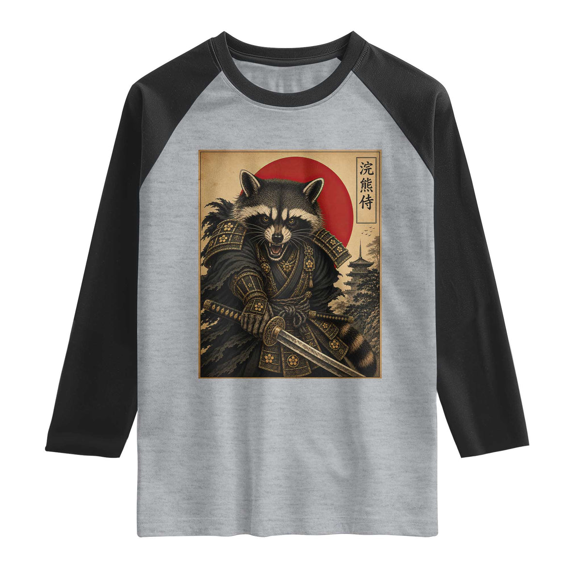 Funny Samurai Raccoon Raglan Shirt Vintage Japanese Ukiyoe Warrior Graphic