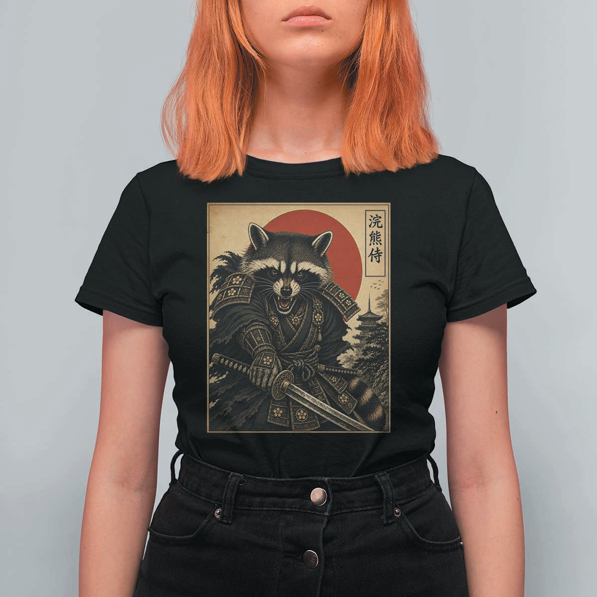 Funny Samurai Raccoon T Shirt For Women Vintage Japanese Ukiyoe Warrior Graphic