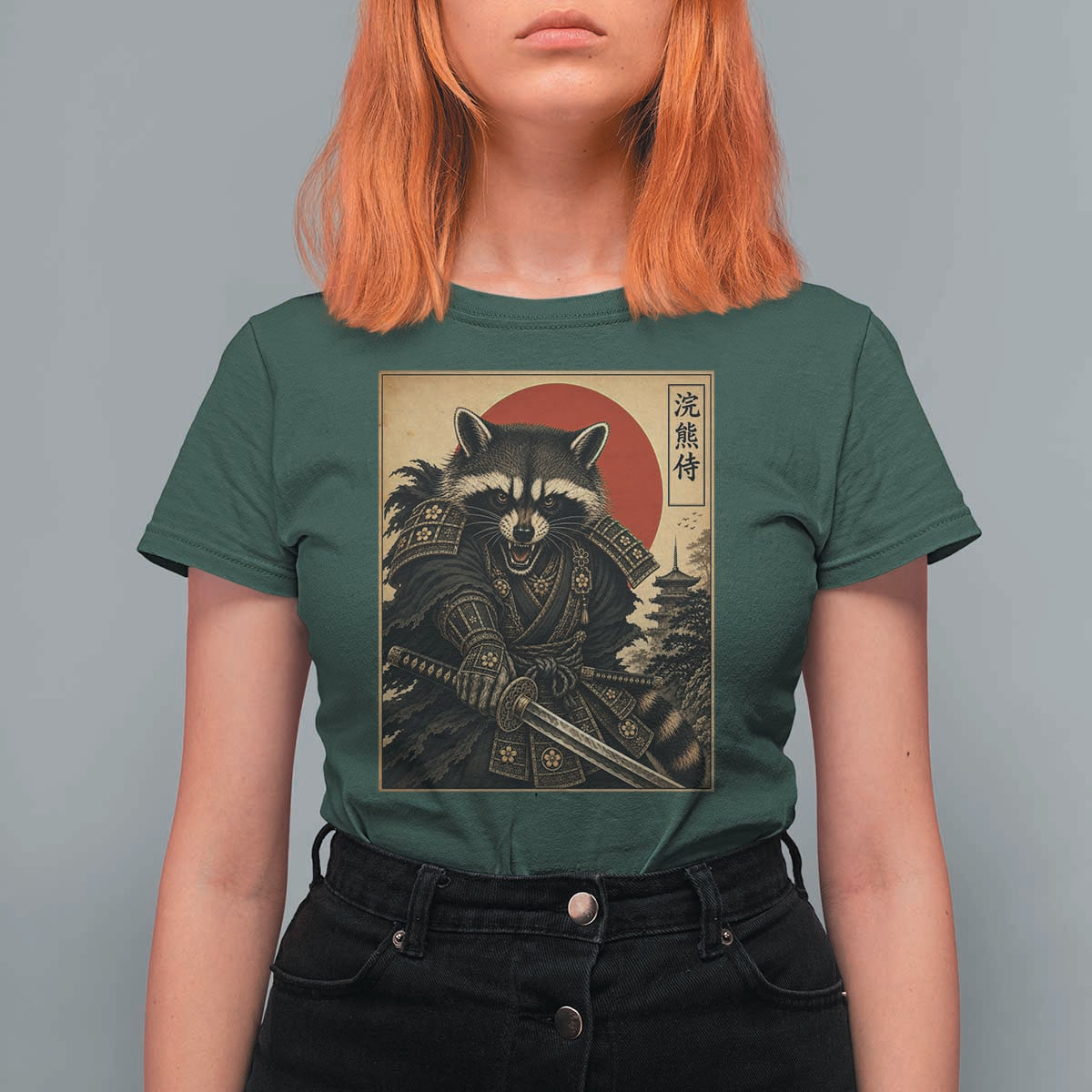 Funny Samurai Raccoon T Shirt For Women Vintage Japanese Ukiyoe Warrior Graphic