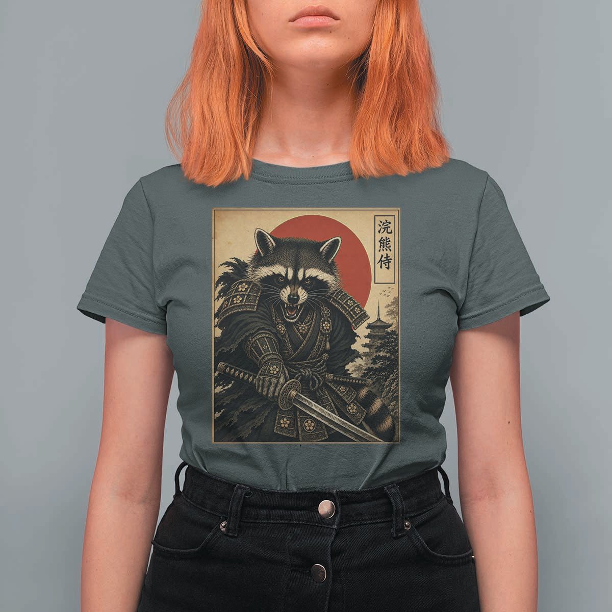 Funny Samurai Raccoon T Shirt For Women Vintage Japanese Ukiyoe Warrior Graphic