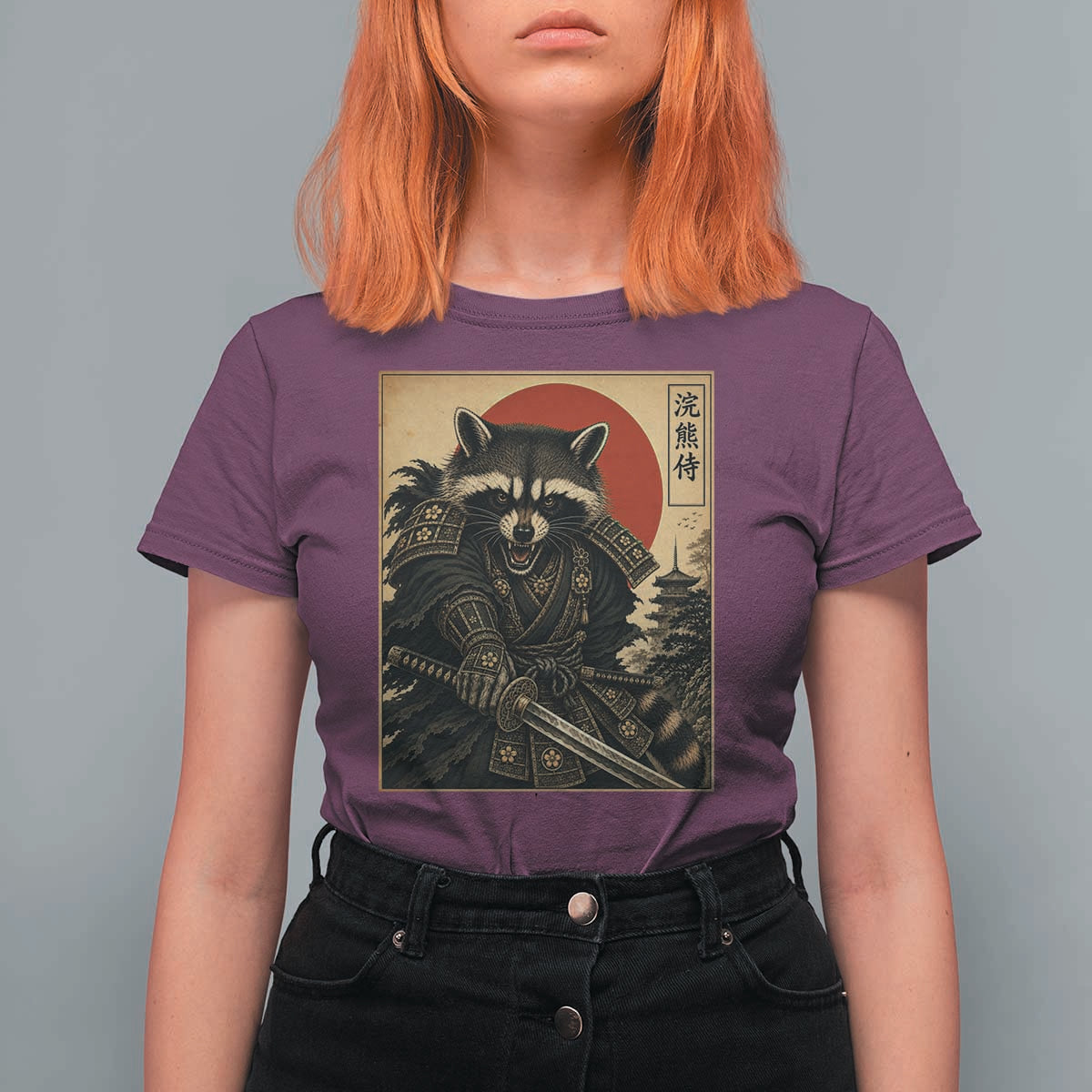 Funny Samurai Raccoon T Shirt For Women Vintage Japanese Ukiyoe Warrior Graphic