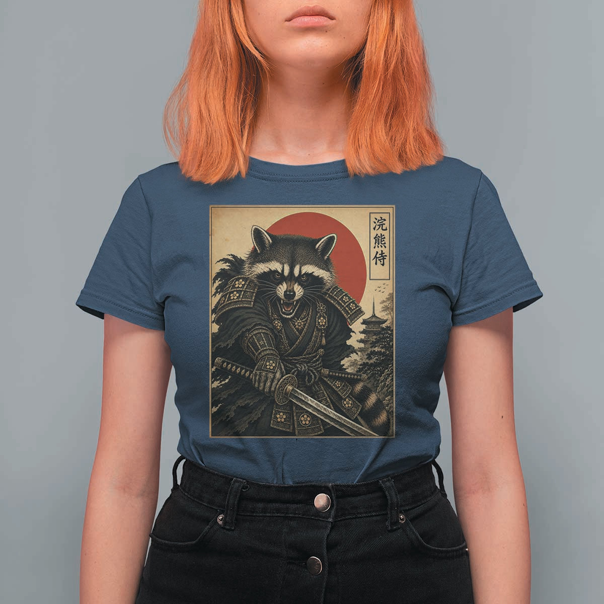 Funny Samurai Raccoon T Shirt For Women Vintage Japanese Ukiyoe Warrior Graphic