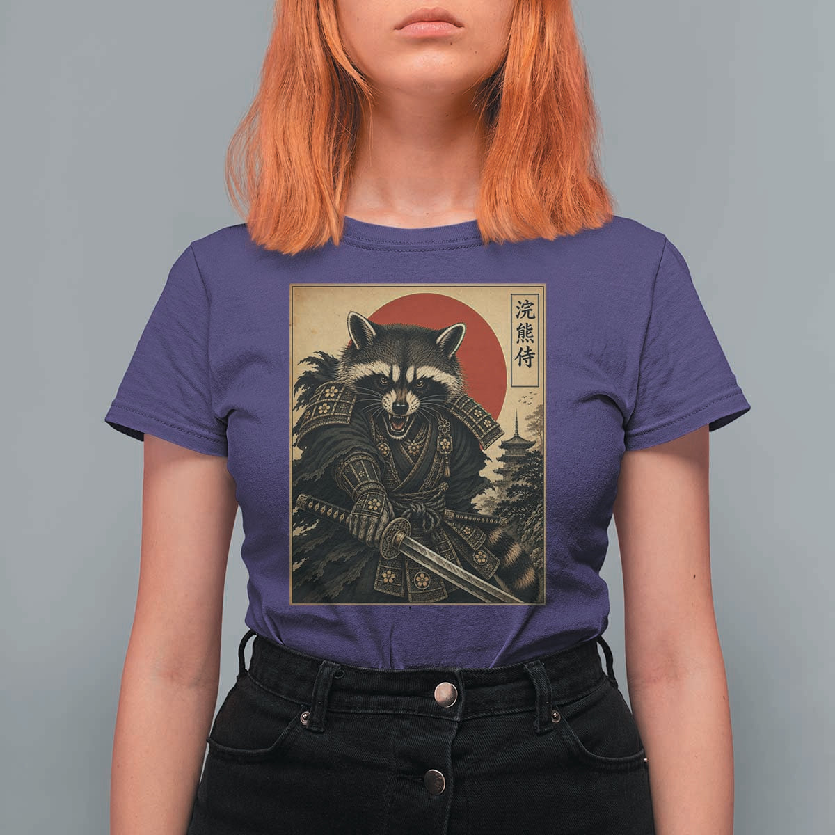 Funny Samurai Raccoon T Shirt For Women Vintage Japanese Ukiyoe Warrior Graphic