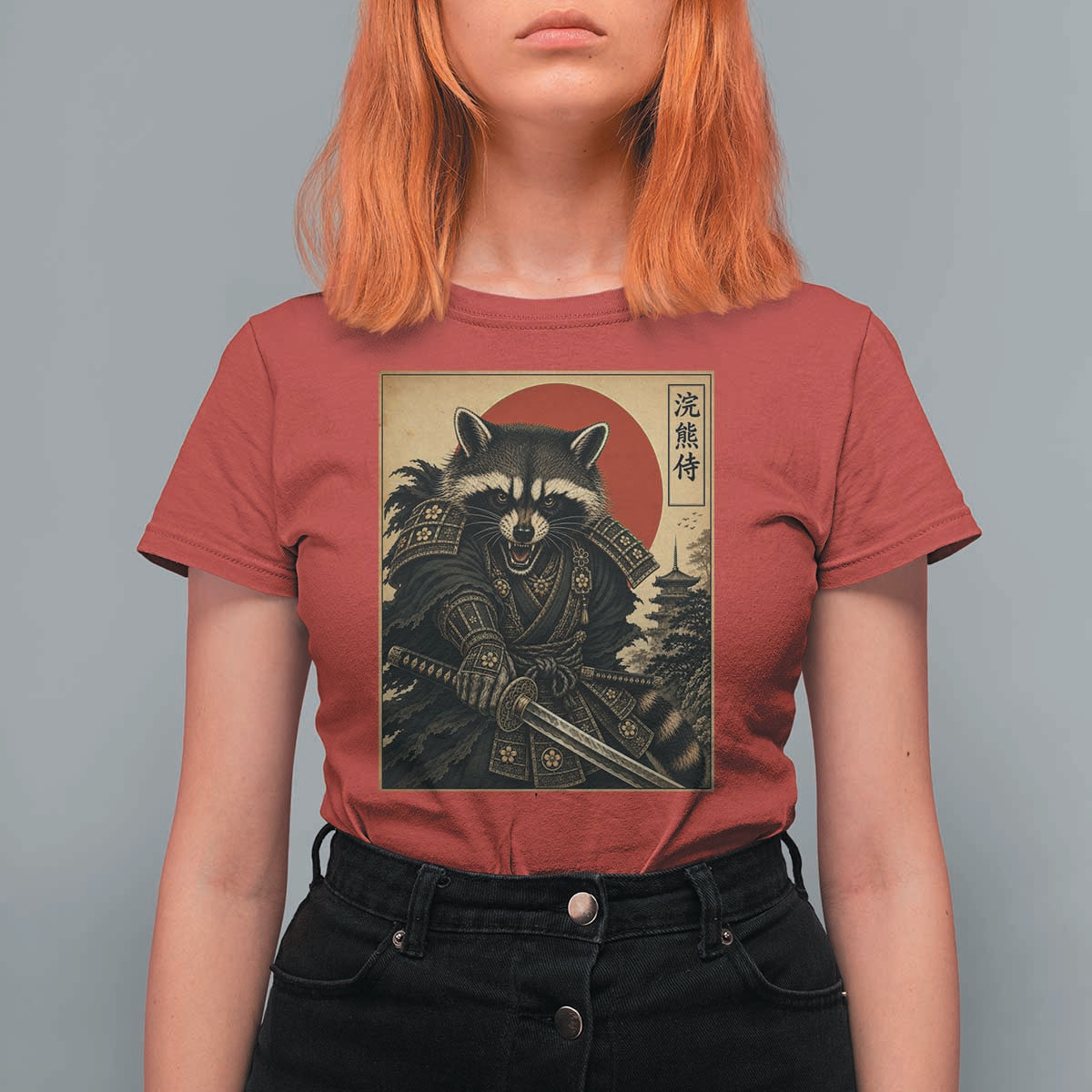 Funny Samurai Raccoon T Shirt For Women Vintage Japanese Ukiyoe Warrior Graphic
