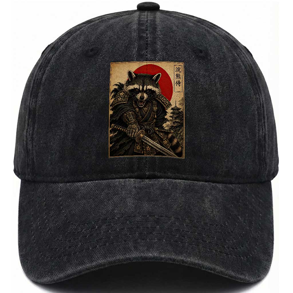 Funny Samurai Raccoon Washed Cotton Baseball Cap Vintage Japanese Ukiyoe Warrior Graphic