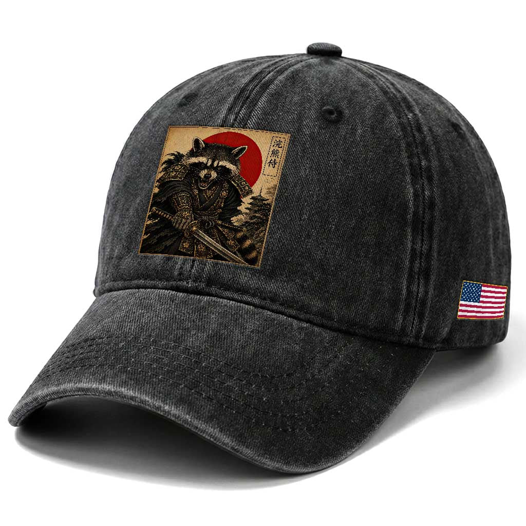 Funny Samurai Raccoon Washed Cotton Baseball Cap Vintage Japanese Ukiyoe Warrior Graphic