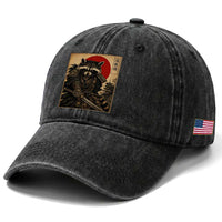 Funny Samurai Raccoon Washed Cotton Baseball Cap Vintage Japanese Ukiyoe Warrior Graphic