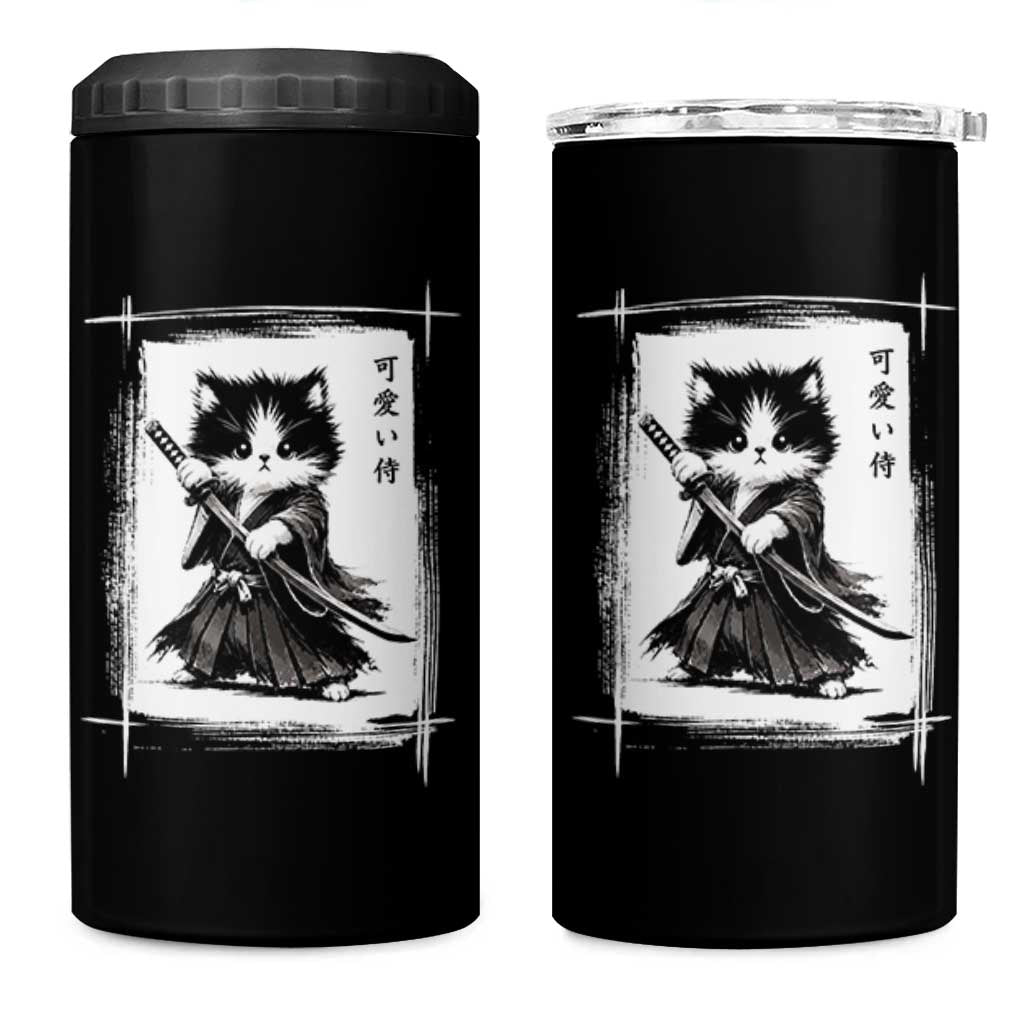 Vintage Japanese Art Samurai Cat 4 in 1 Can Cooler Tumbler Sumie Kawaii Cat Lover Gift