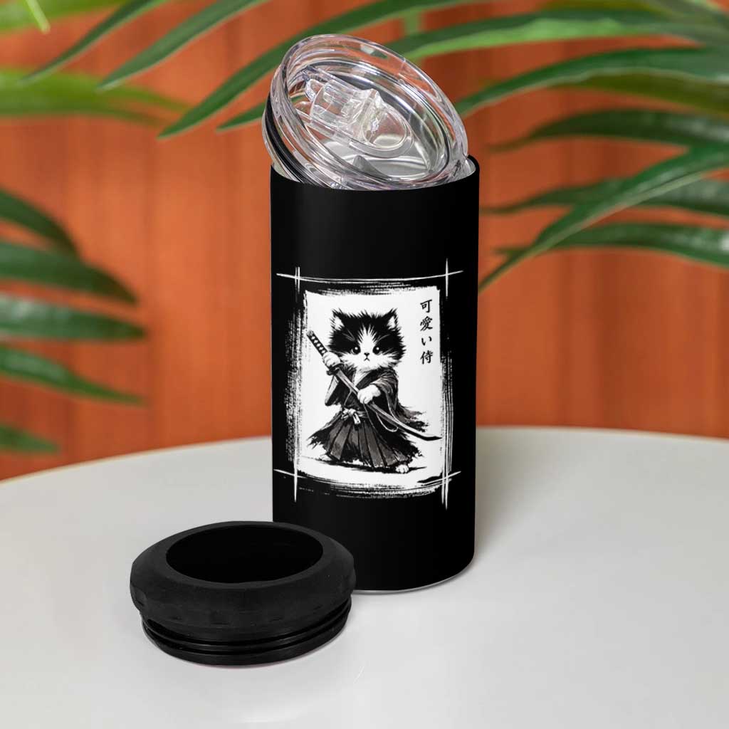 Vintage Japanese Art Samurai Cat 4 in 1 Can Cooler Tumbler Sumie Kawaii Cat Lover Gift