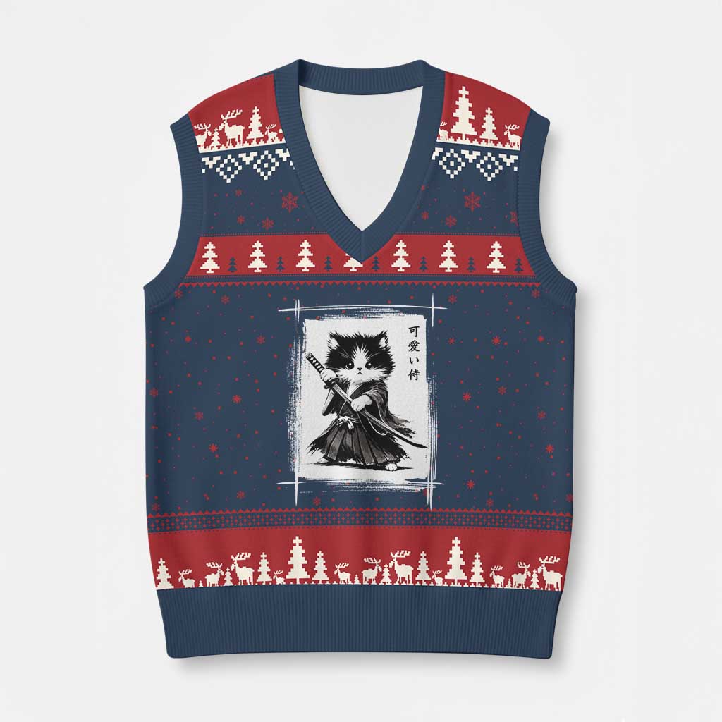 Vintage Japanese Art Samurai Cat V-Neck Knit Sweater Vest Sumie Kawaii Cat Lover Gift