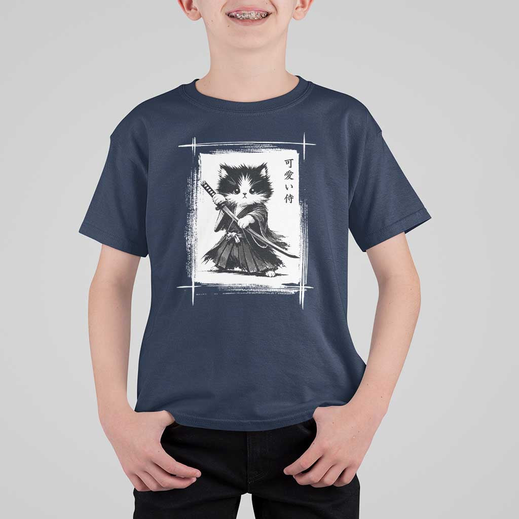 Vintage Japanese Art Samurai Cat T Shirt For Kid Sumie Kawaii Cat Lover Gift