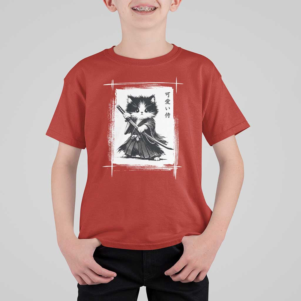 Vintage Japanese Art Samurai Cat T Shirt For Kid Sumie Kawaii Cat Lover Gift