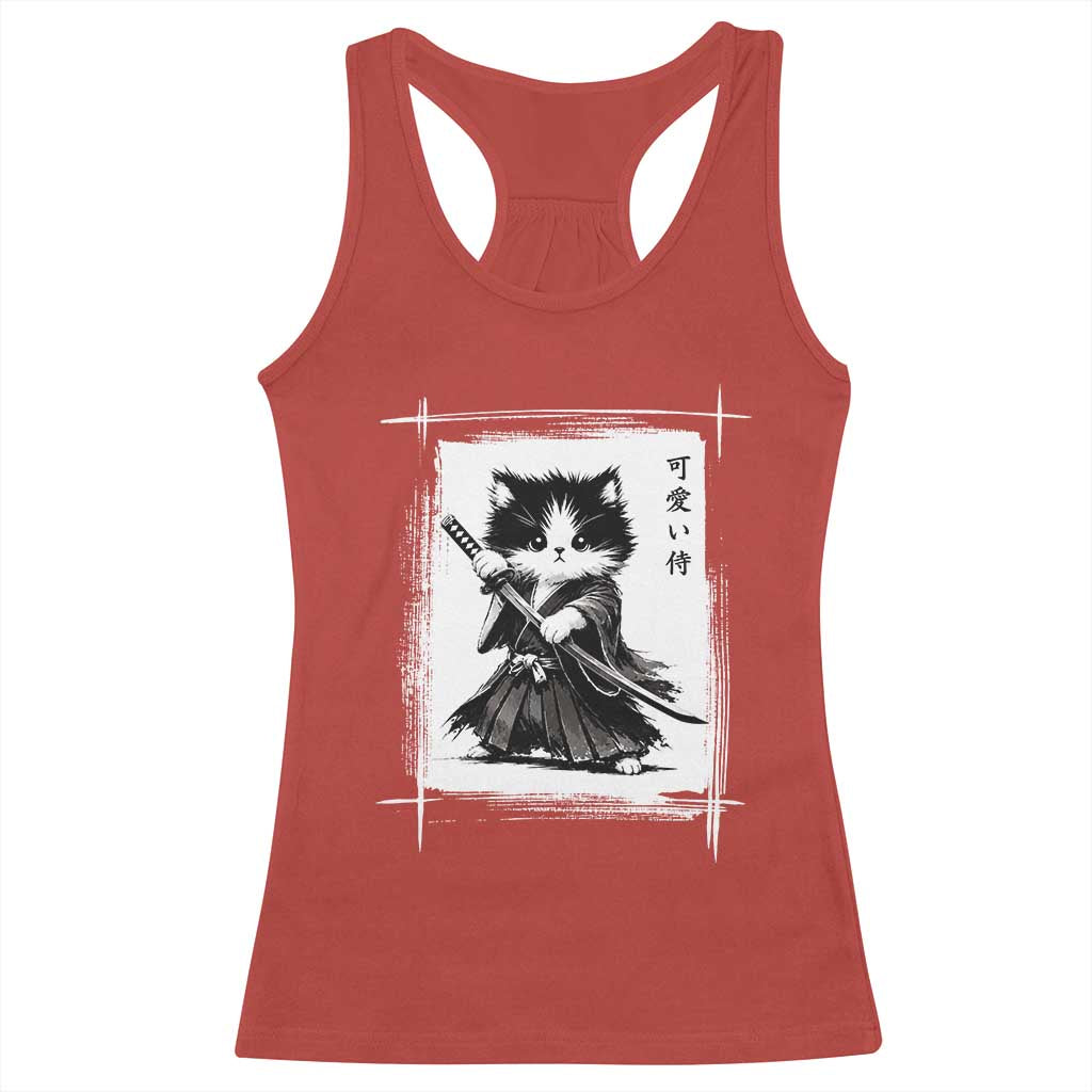 Vintage Japanese Art Samurai Cat Racerback Tank Top Sumie Kawaii Cat Lover Gift
