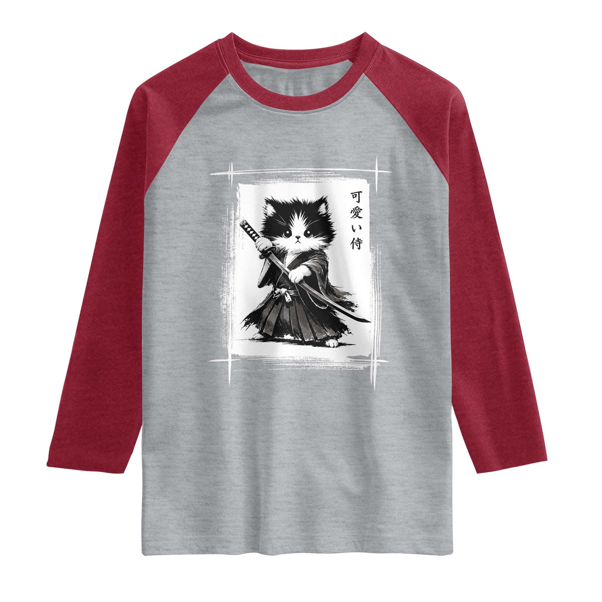Vintage Japanese Art Samurai Cat Raglan Shirt Sumie Kawaii Cat Lover Gift