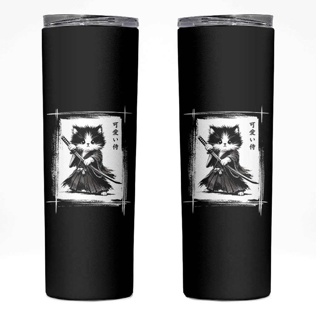 Vintage Japanese Art Samurai Cat Skinny Tumbler Sumie Kawaii Cat Lover Gift
