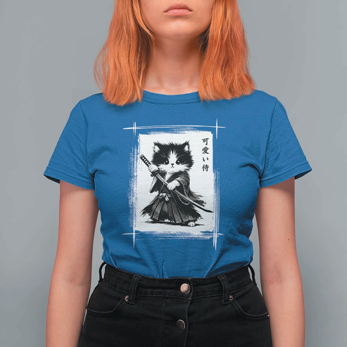 Vintage Japanese Art Samurai Cat T Shirt For Women Sumie Kawaii Cat Lover Gift