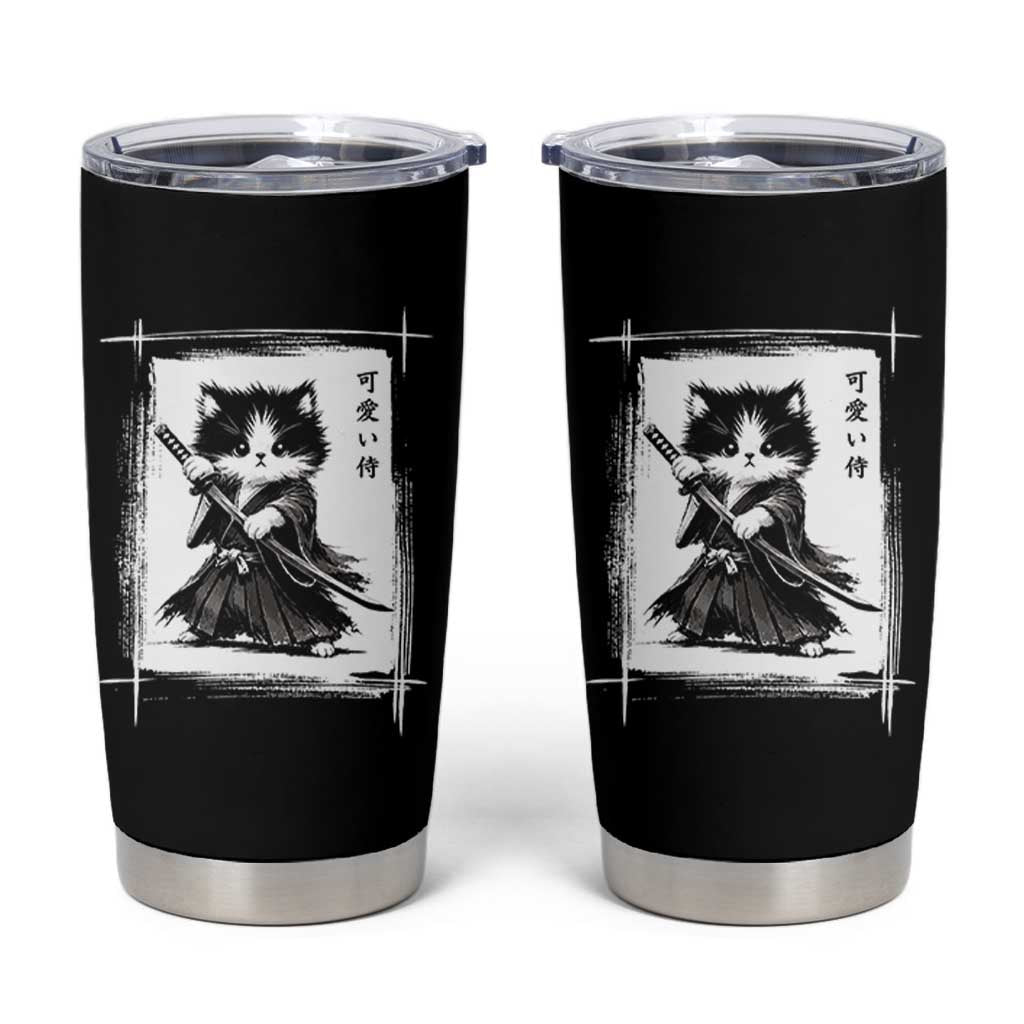 Vintage Japanese Art Samurai Cat Tumbler Cup Sumie Kawaii Cat Lover Gift