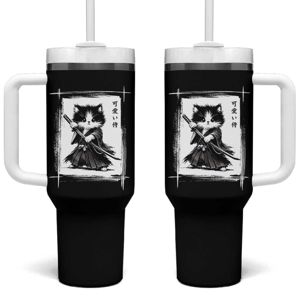 Vintage Japanese Art Samurai Cat Tumbler With Handle Sumie Kawaii Cat Lover Gift