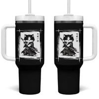 Vintage Japanese Art Samurai Cat Tumbler With Handle Sumie Kawaii Cat Lover Gift