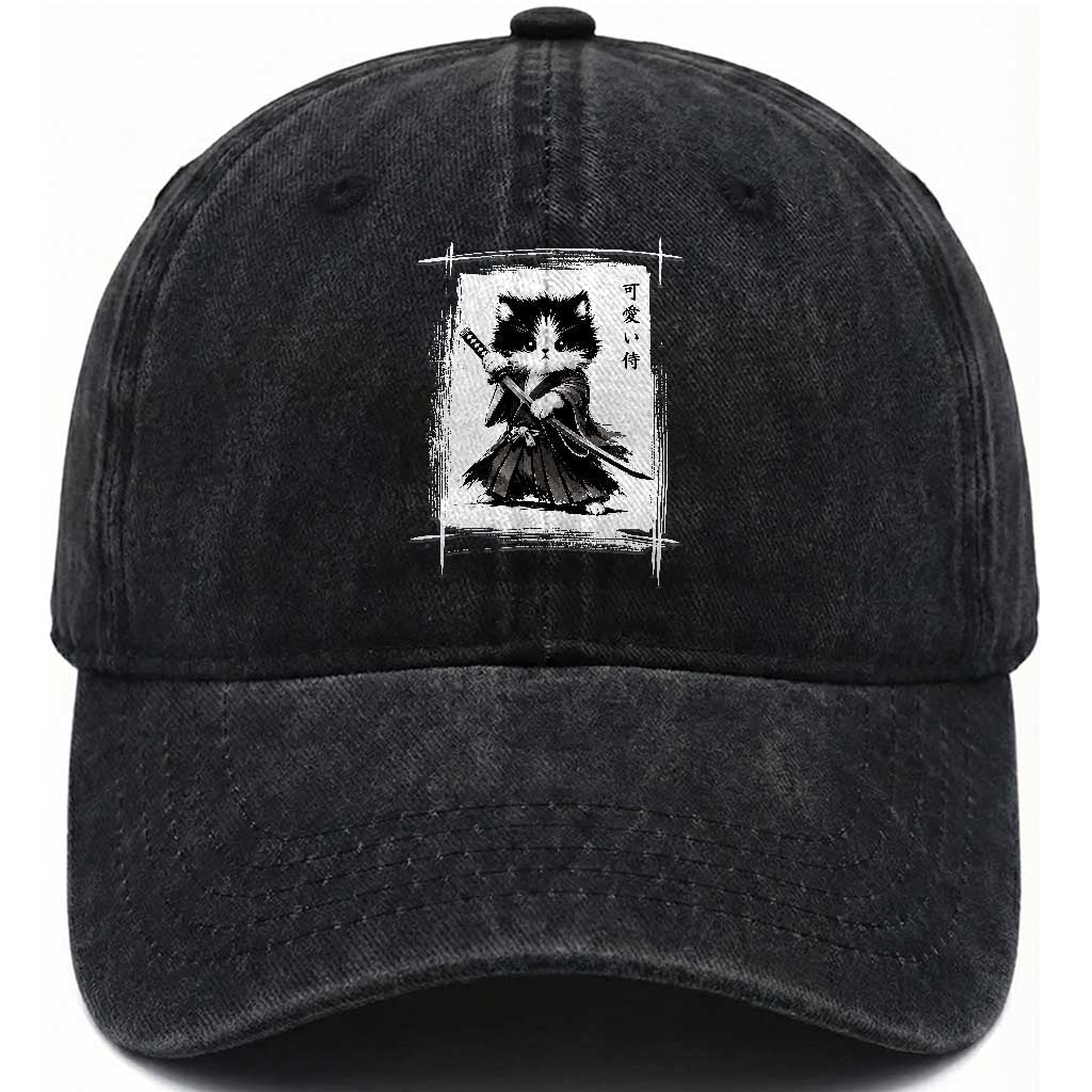 Vintage Japanese Art Samurai Cat Washed Cotton Baseball Cap Sumie Kawaii Cat Lover Gift