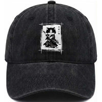 Vintage Japanese Art Samurai Cat Washed Cotton Baseball Cap Sumie Kawaii Cat Lover Gift