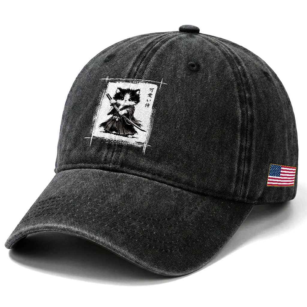 Vintage Japanese Art Samurai Cat Washed Cotton Baseball Cap Sumie Kawaii Cat Lover Gift