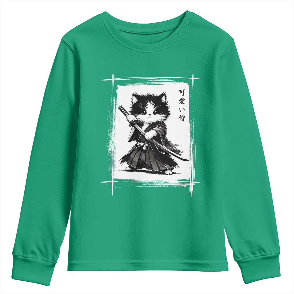 Vintage Japanese Art Samurai Cat Youth Sweatshirt Sumie Kawaii Cat Lover Gift