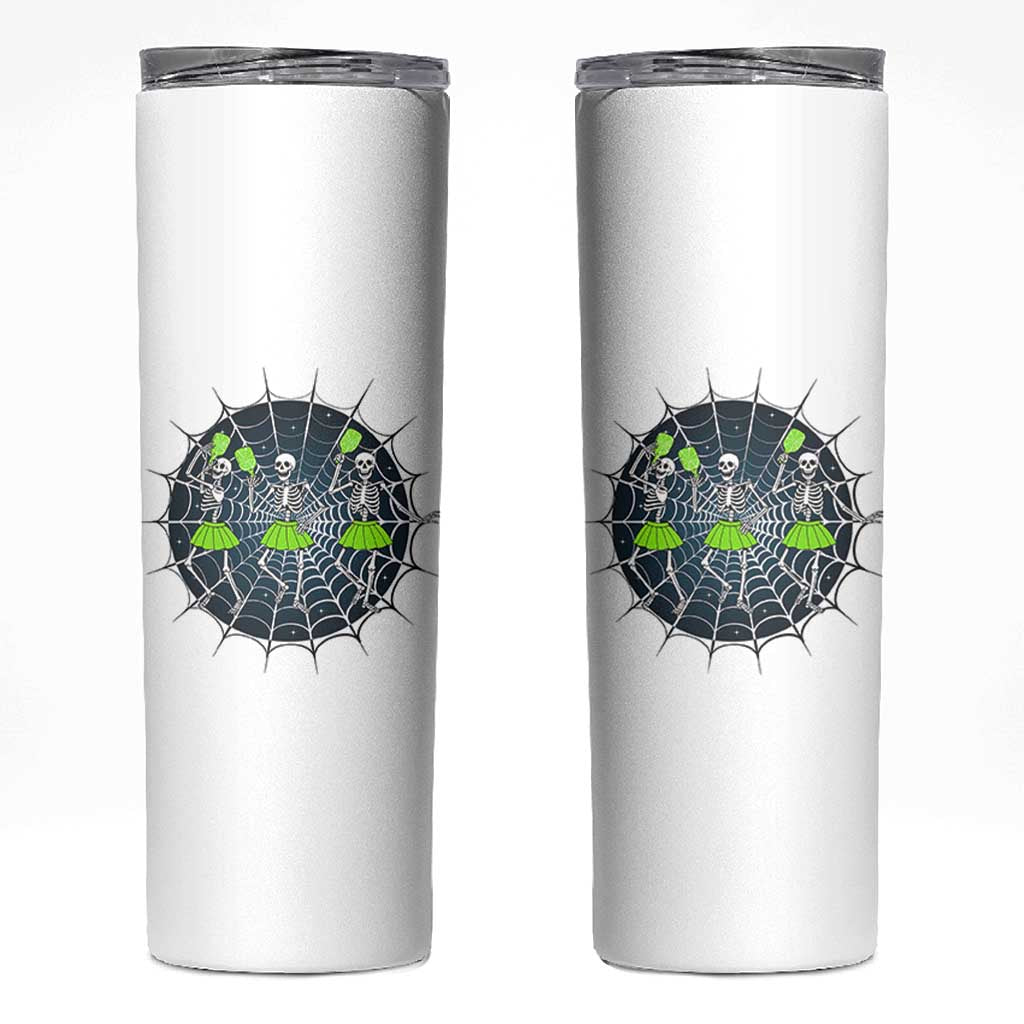 Funny Dancing Skeletons Skinny Tumbler Pickleball Halloween Gift