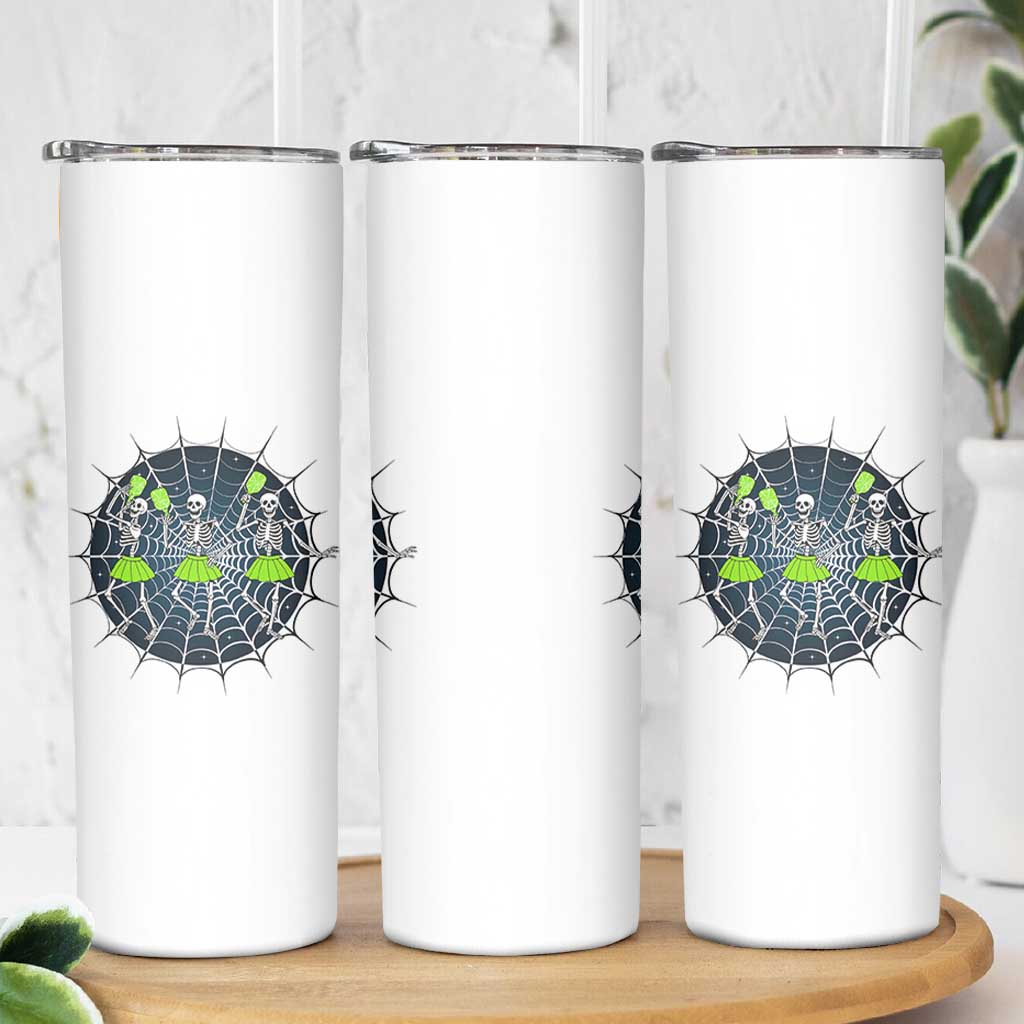 Funny Dancing Skeletons Skinny Tumbler Pickleball Halloween Gift