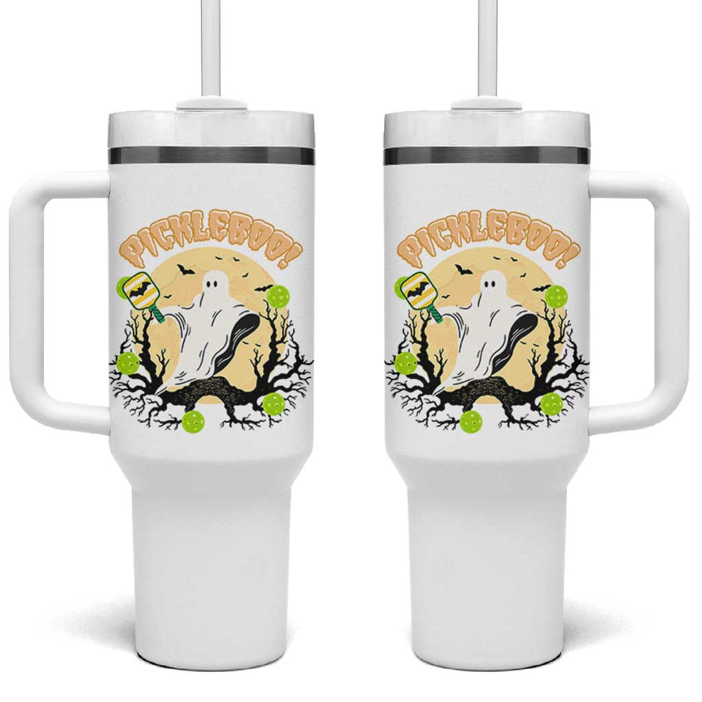 Funny Halloween Pickleball Tumbler With Handle Pickleboo Ghost Costume