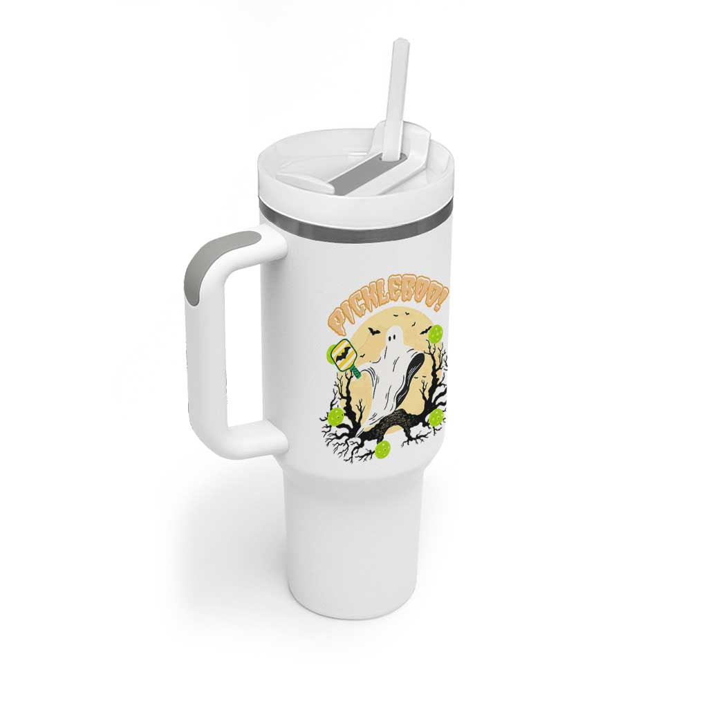 Funny Halloween Pickleball Tumbler With Handle Pickleboo Ghost Costume