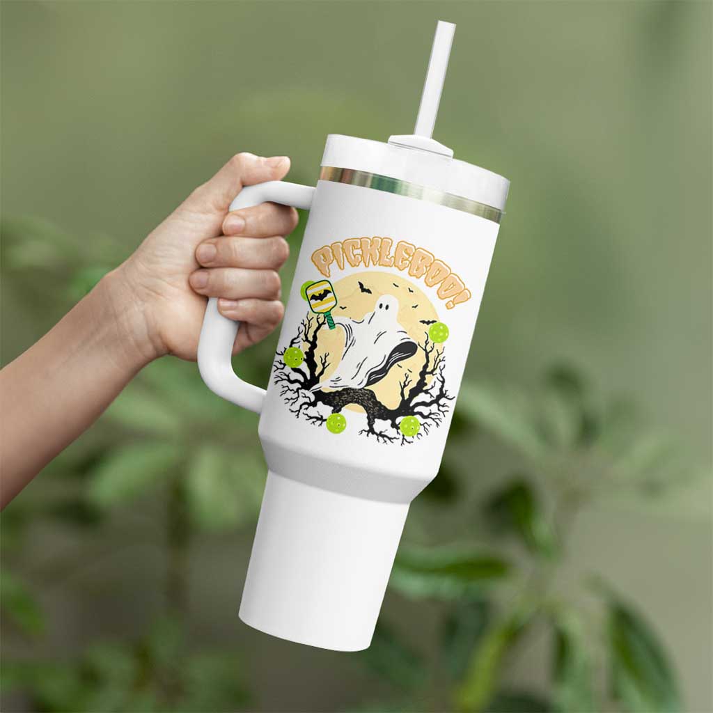 Funny Halloween Pickleball Tumbler With Handle Pickleboo Ghost Costume