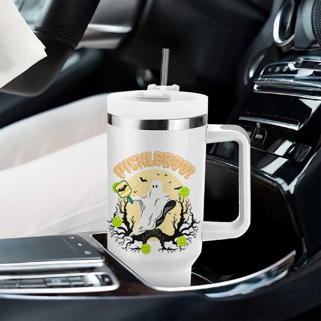 Funny Halloween Pickleball Tumbler With Handle Pickleboo Ghost Costume