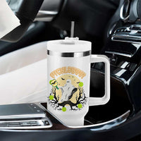 Funny Halloween Pickleball Tumbler With Handle Pickleboo Ghost Costume