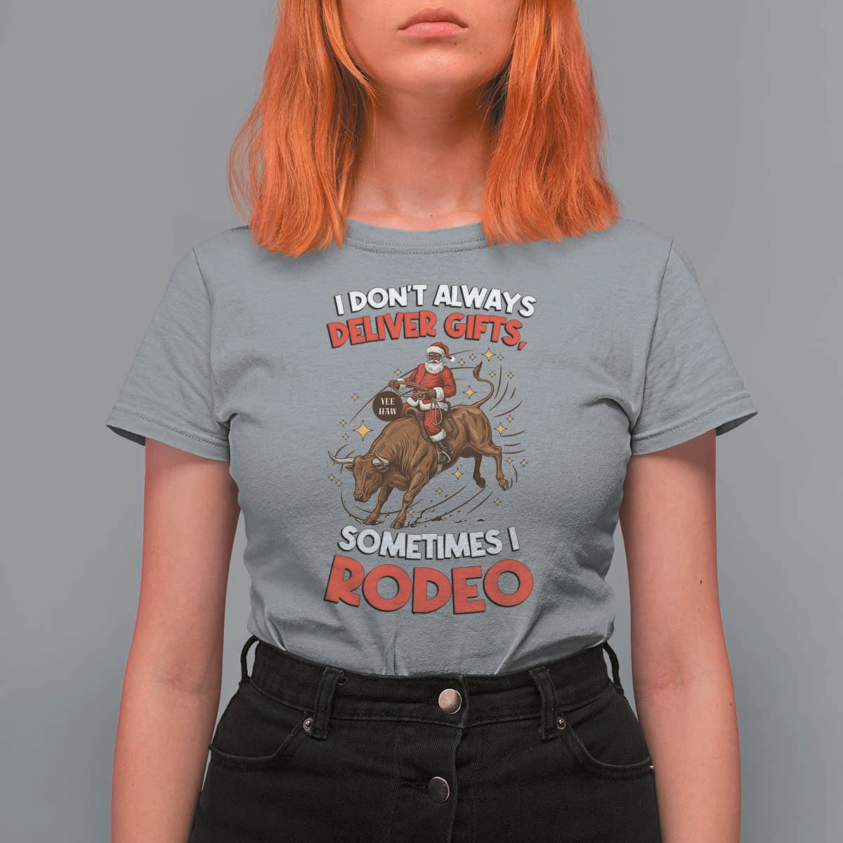 Funny Black Santa Bull Riding Christmas T Shirt For Women I Do Not Deliver Gifts I Rodeo - Wonder Print Shop