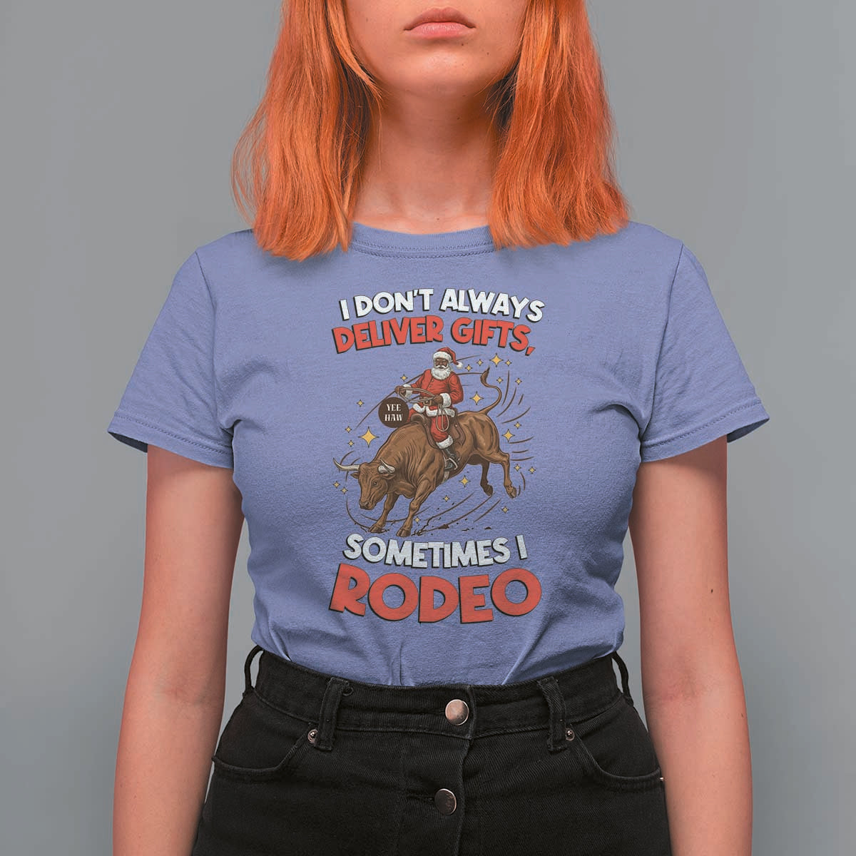 Funny Black Santa Bull Riding Christmas T Shirt For Women I Do Not Deliver Gifts I Rodeo - Wonder Print Shop