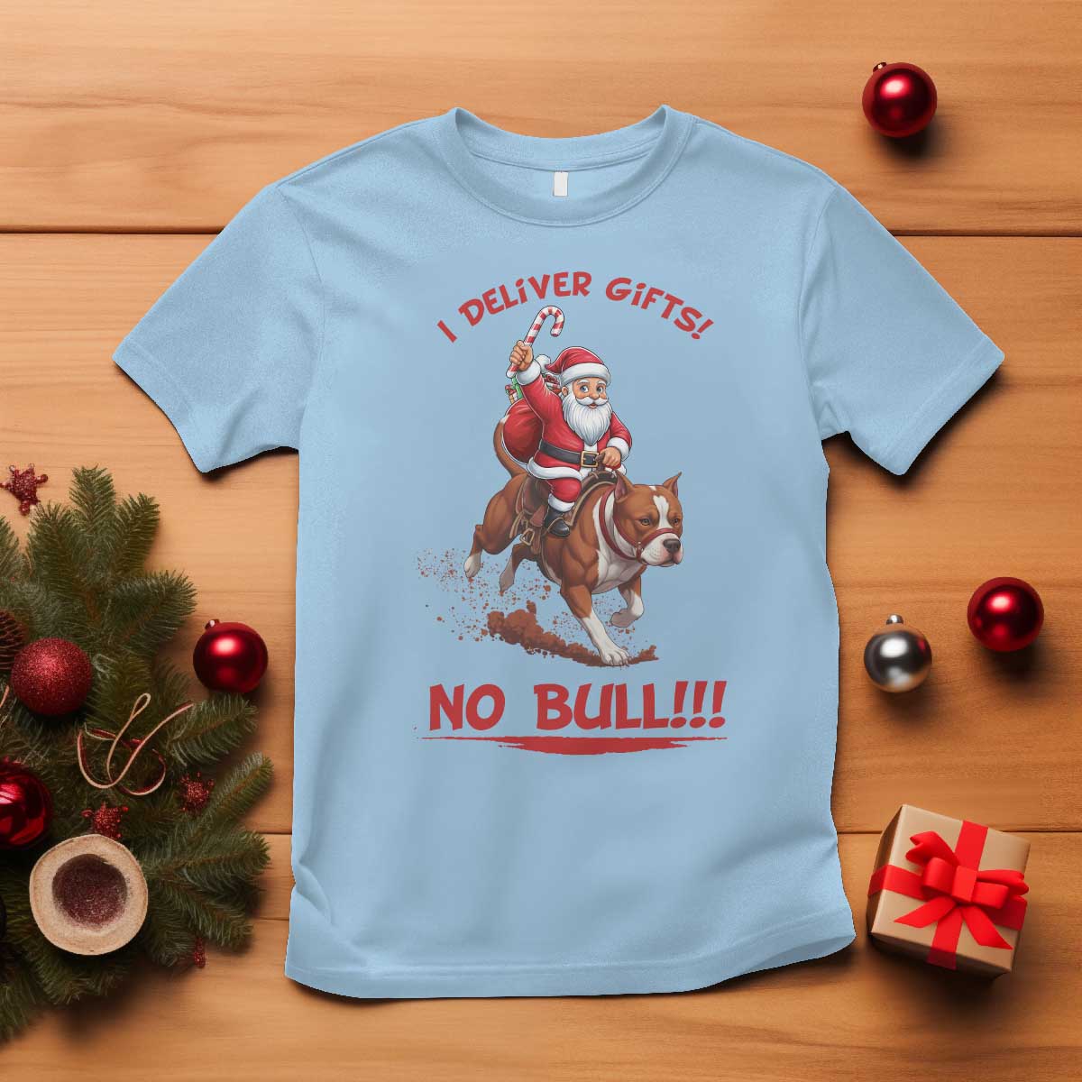 Funny Santa Pitbull Christmas T Shirt I Deliver Gifts No Bull - Wonder Print Shop