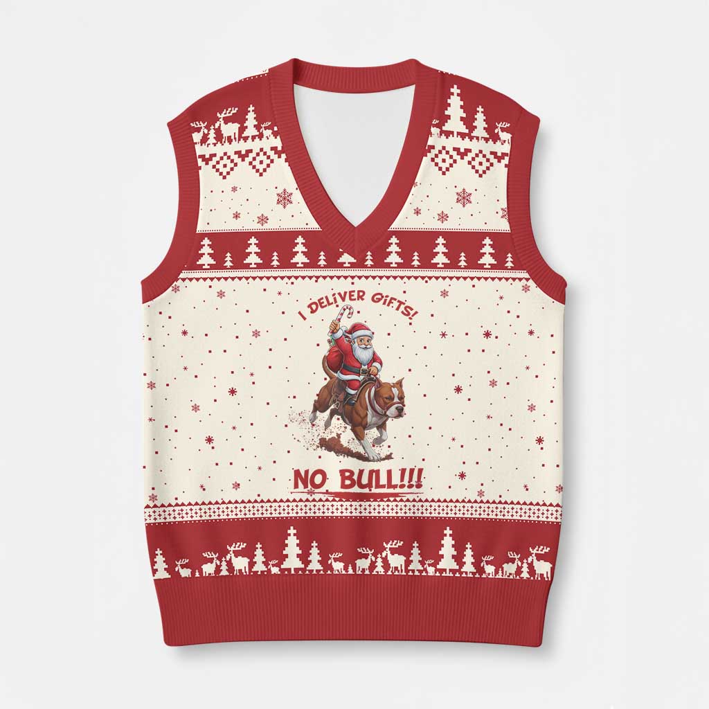Funny Santa Pitbull Xmas V-Neck Knit Sweater Vest I Deliver Gifts No Bull - Wonder Print Shop