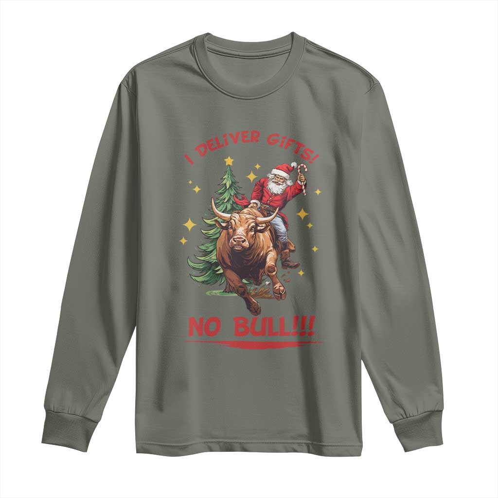 Funny Black Santa Bull Riding Christmas Long Sleeve Shirt I Deliver Gifts No Bull - Wonder Print Shop