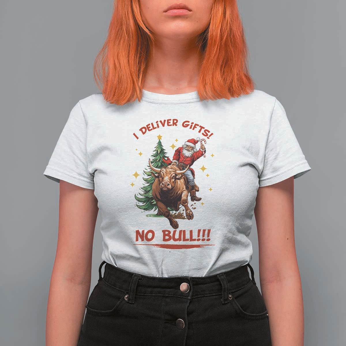 Funny Black Santa Bull Riding Christmas T Shirt For Women I Deliver Gifts No Bull - Wonder Print Shop