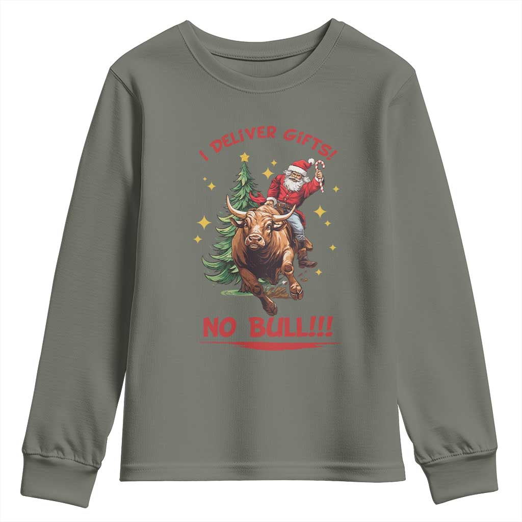 Funny Black Santa Bull Riding Christmas Youth Sweatshirt I Deliver Gifts No Bull - Wonder Print Shop