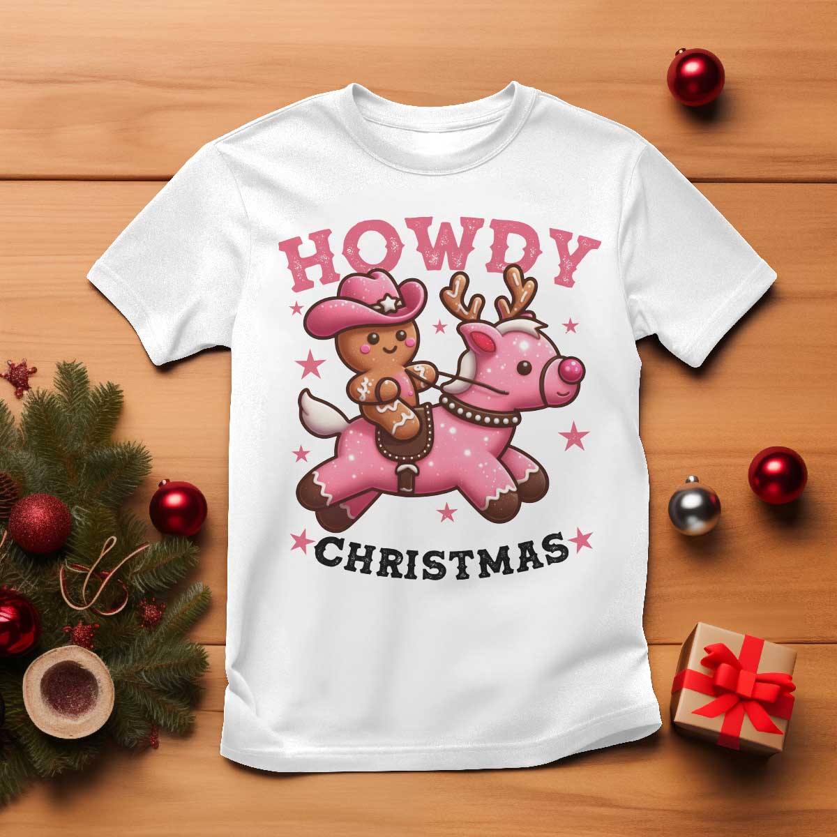 Howdy Christmas T Shirt Funny Gingerbread Cowboy Riding Reindeer Gift For Girl - Wonder Print Shop