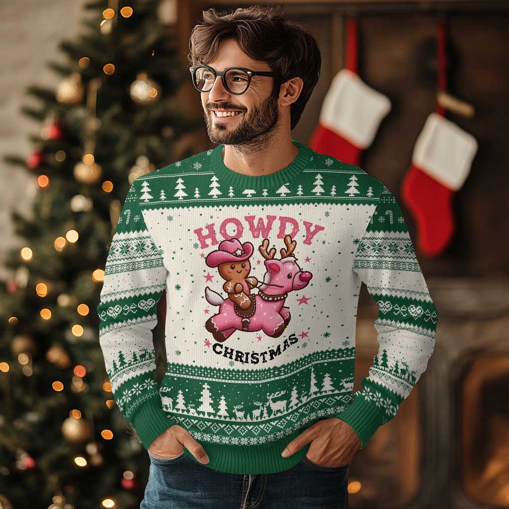 Howdy Xmas Ugly Christmas Sweater Funny Gingerbread Cowboy Riding Reindeer Gift For Girl - Wonder Print Shop