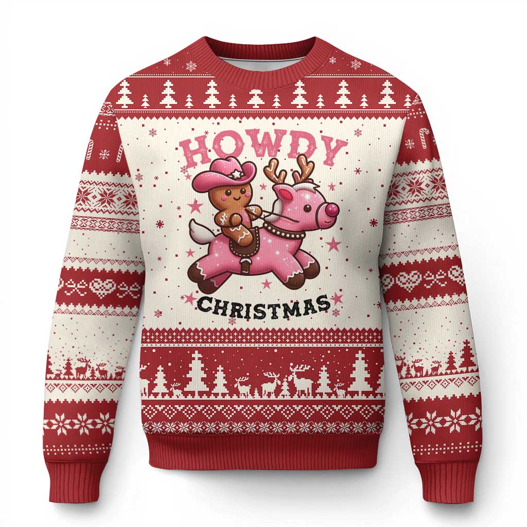 Howdy Xmas Ugly Christmas Sweater Funny Gingerbread Cowboy Riding Reindeer Gift For Girl - Wonder Print Shop