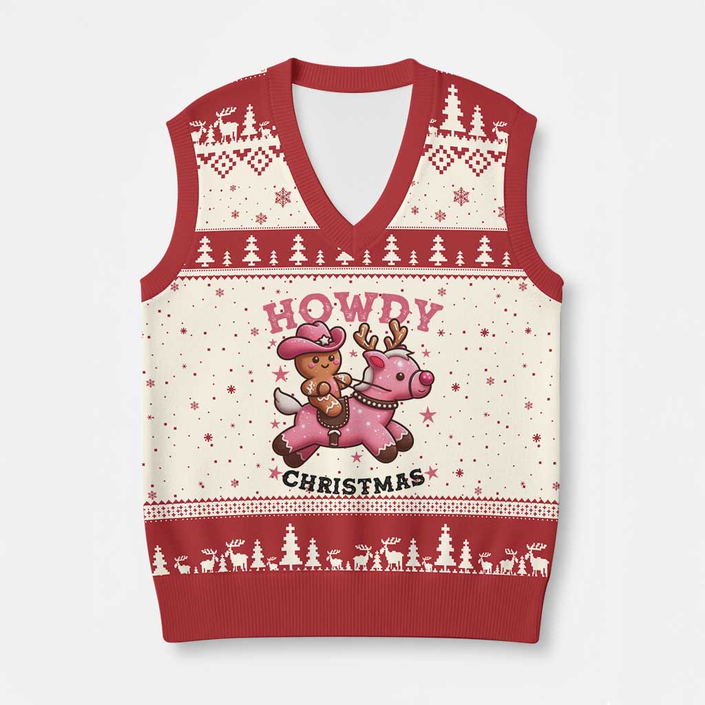 Howdy Xmas V-Neck Knit Sweater Vest Funny Gingerbread Cowboy Riding Reindeer Gift For Girl - Wonder Print Shop