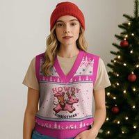Howdy Xmas V-Neck Knit Sweater Vest Funny Gingerbread Cowboy Riding Reindeer Gift For Girl - Wonder Print Shop
