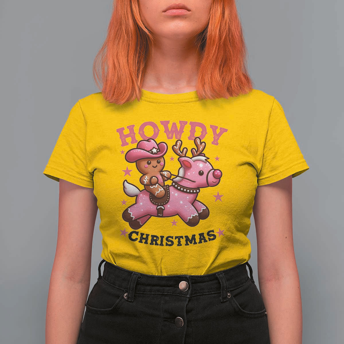 Howdy Christmas T Shirt For Women Funny Gingerbread Cowboy Riding Reindeer Gift For Girl - Wonder Print Shop