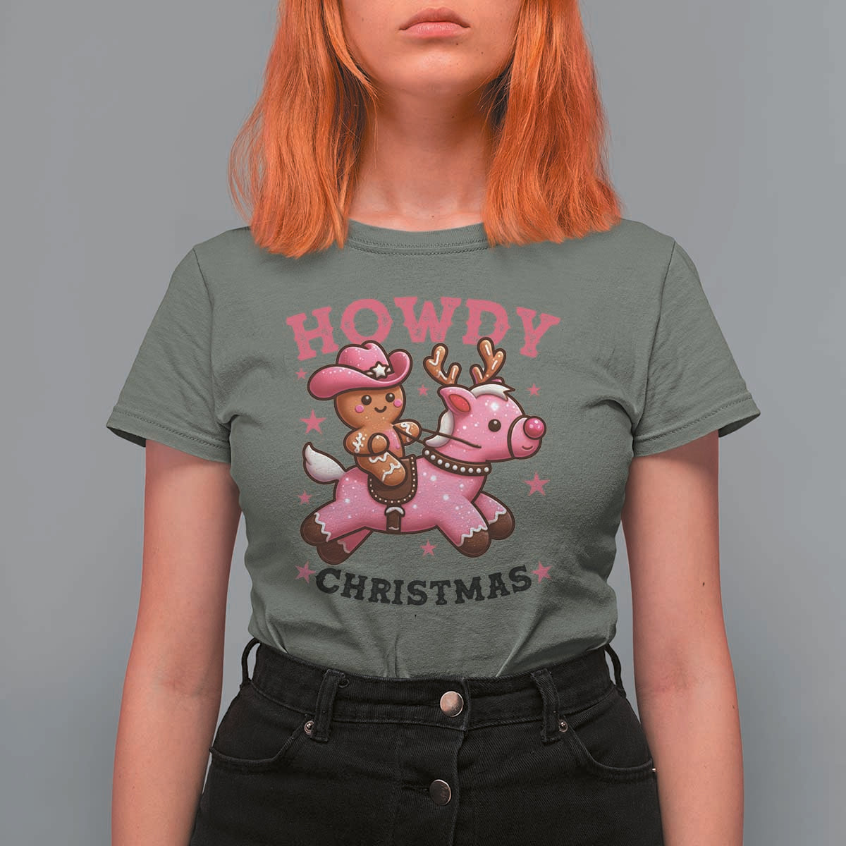 Howdy Christmas T Shirt For Women Funny Gingerbread Cowboy Riding Reindeer Gift For Girl - Wonder Print Shop